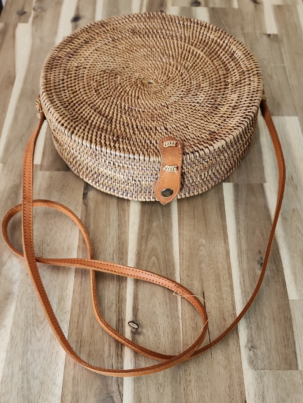 Anthropologie Round Woven Straw Crossbody Bag with Tan Leather Strap